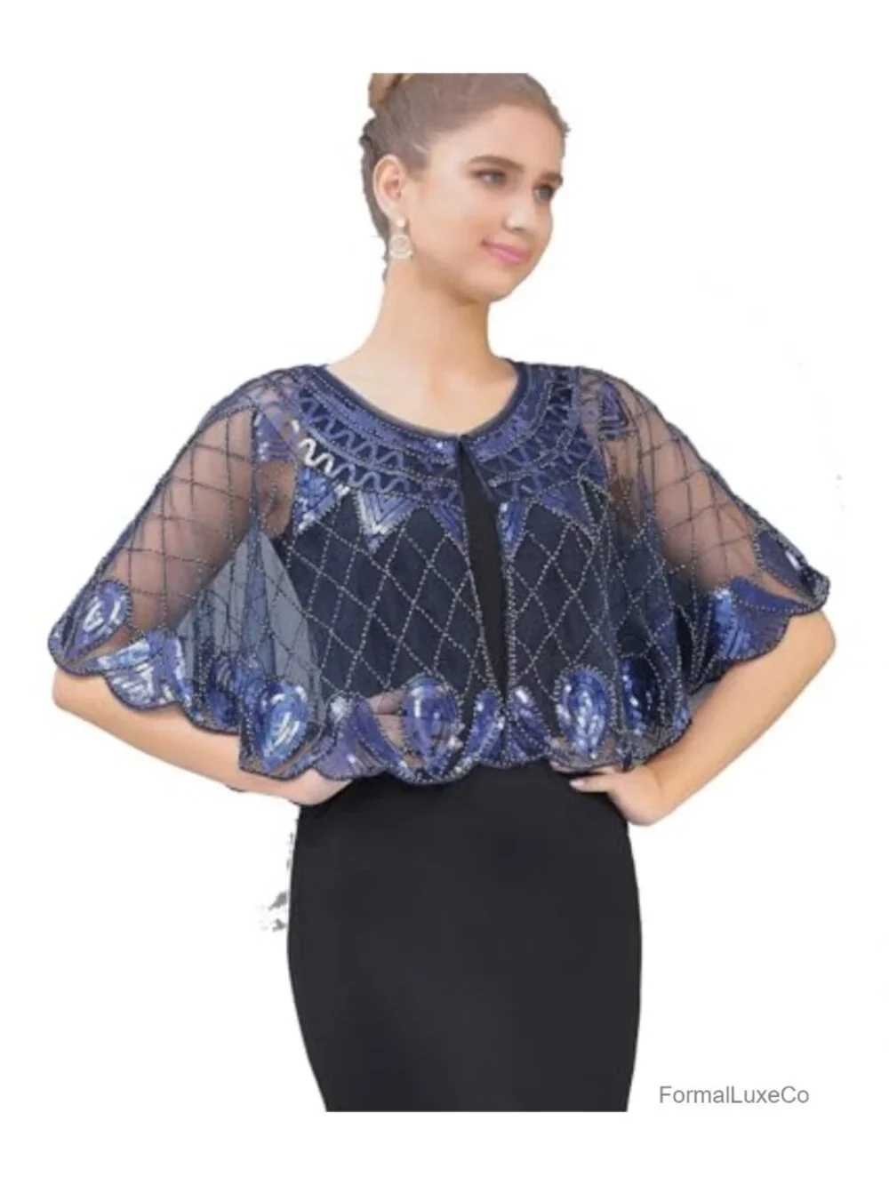 Sequin Beaded Evening Cape Bolero Flapper Cover Up Shawl